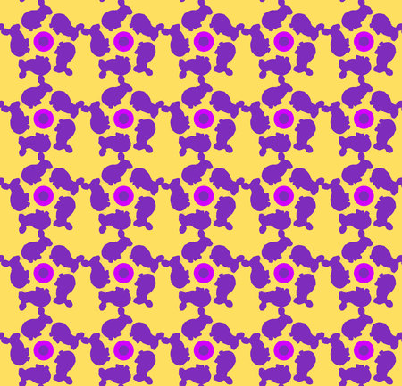 Abstract, repeating pattern with fractal twists, on a yellow retro background.Design for fabric and decor. Seamless pattern silhouette of a violet rabbit, vectorのイラスト素材