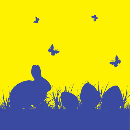 Easter illustration on a yellow background. Silhouette of a bunny sitting in the grass where the eggs lay, vectorのイラスト素材