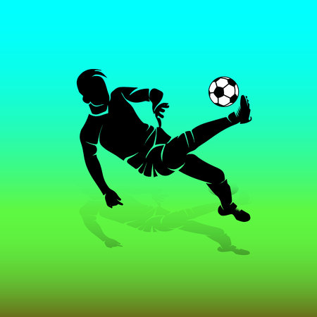 Silhouette of soccer player with a ball makes a kick in jump, on a green background, vectorのイラスト素材