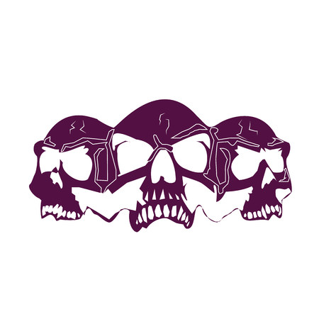 Three skull heads, silhouette dark blue (ink) color, on white background, vectorのイラスト素材