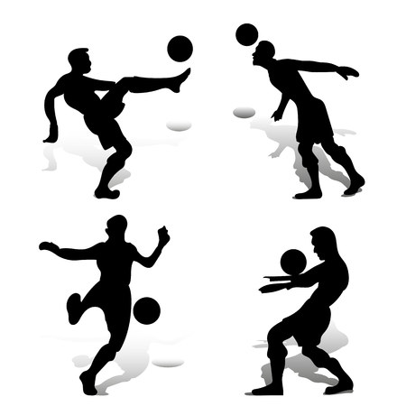 Collection of soccer players playing with the ball, silhouettes on white background with shadow, vectorのイラスト素材