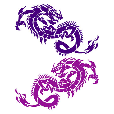 Two dragons blue and violet, silhouette on white background, vectorのイラスト素材