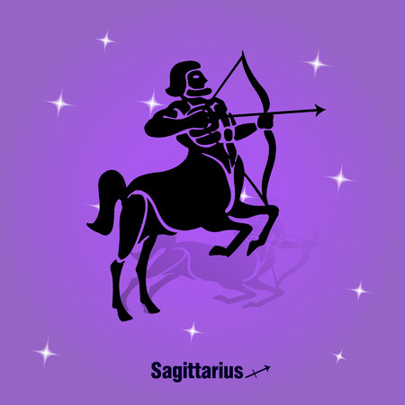 Zodiac sign SAGITTARIUS, black silhouette on blue background and stars, vectorのイラスト素材