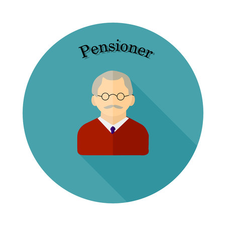 Round blue badge in a flat style, elderly pensioner with glasses, vectorのイラスト素材
