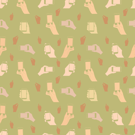 Seamless pattern. Mobile phone in hands, silhouette on dirty green background, vectorのイラスト素材