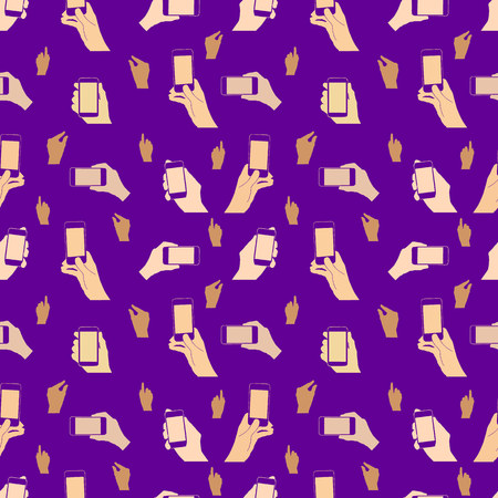 Seamless pattern. Mobile phone in hands, silhouette on ultraviolet background, vectorのイラスト素材