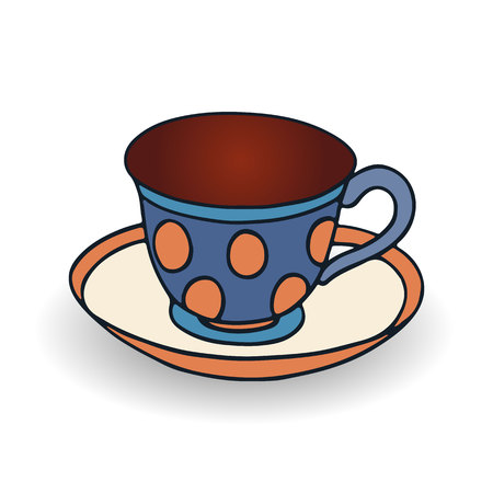 Blue cup and saucer for coffee, cartoon on white background, vectorのイラスト素材