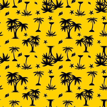 Seamless pattern, black silhouette, palm tree and seashells on yellow background, vectorのイラスト素材