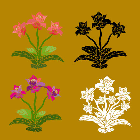 Set of indoor multistage flower, silhouette on a light brown background, vectorのイラスト素材
