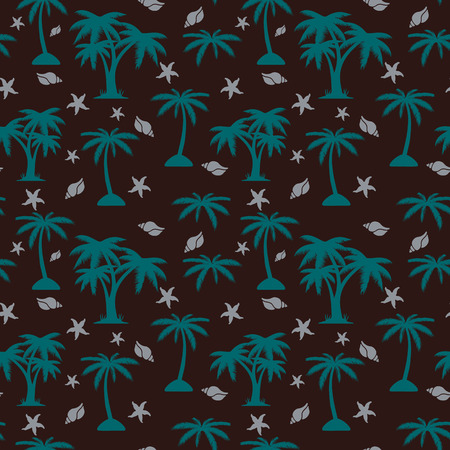 Seamless pattern, palm tree and seashells on brown background, vectorのイラスト素材