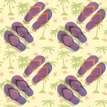 Seamless pattern of purple sandals for the beach, against the background of palm tree and sea shells, vectorのイラスト素材