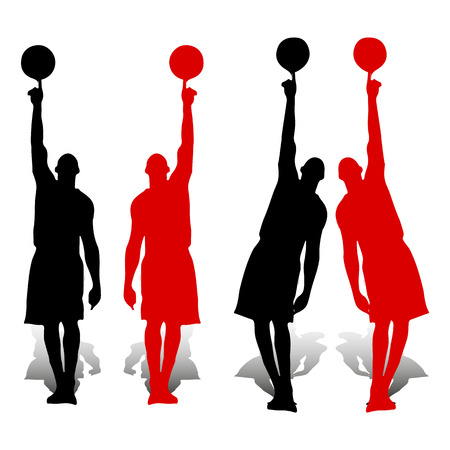 Collection of Silhouette basketball players, red and black, holding the ball on the outstretched hand up, on one finger, on a white background,vectorのイラスト素材