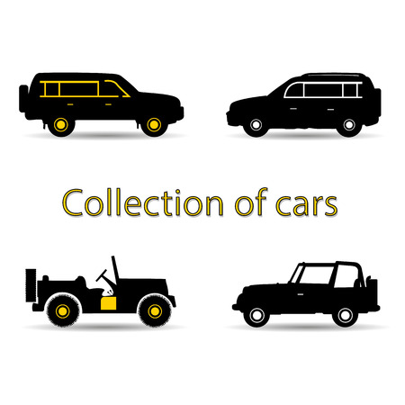 Collection of cars, black and yellow silhouette on white background, vectorのイラスト素材