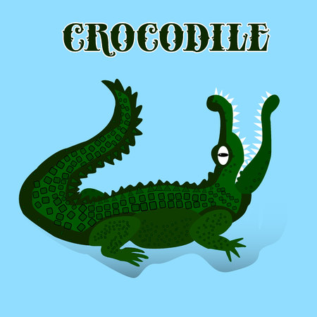 Dark green crocodile with open mouth looking up, cartoon on light blue background, vectorのイラスト素材