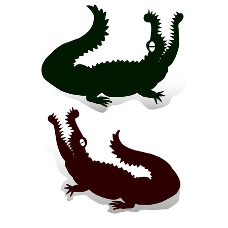 Silhouette of two crocodiles (dark green and brown), with open jaws looking up, decorations for design on white background, vectorのイラスト素材