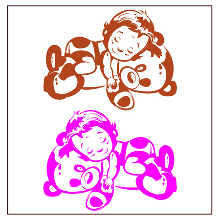 Child sleeping on a teddy bear, silhouette on a white background, pink and brown, vectorのイラスト素材
