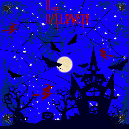 Halloween holiday, night illustration, (spider, witch, house) and the moon on a dark blue background, vectorのイラスト素材