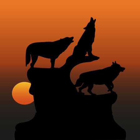 Evening illustration, three wolves on a mountain, howling with head up, silhouette on an orange sunset, vectorのイラスト素材