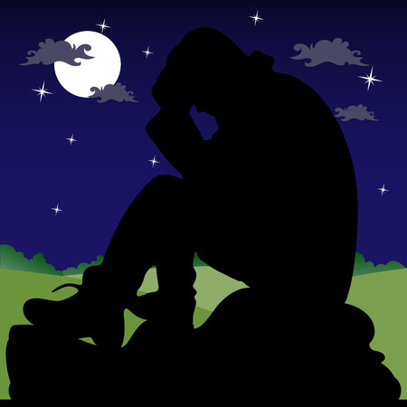 Night landscape, a sad man sitting on a stone, silhouette on a dark background with the moon and stars, vectorのイラスト素材