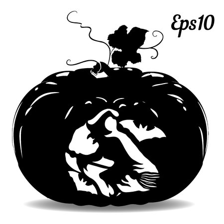Halloween pumpkin, with a flying witch on a broomstick, design for decorating , on a white background.のイラスト素材