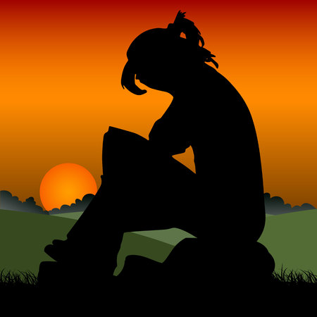 Sad girl on an orange sunset sitting on a stone, covering her face.のイラスト素材