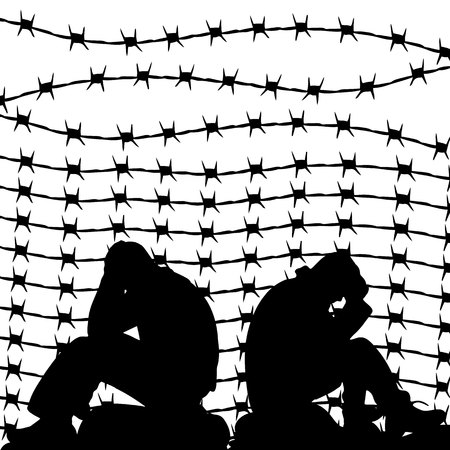 Migrant refugees behind barbed wire, silhouette of two sad men sitting on the ground, on a white background.のイラスト素材