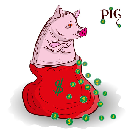 Pig is the symbol of the year, sits in the bag-Santa, and around the coin-dollars, character on a white background, vectorのイラスト素材