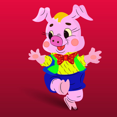 Character Jolly dancing pink pig, on a red background, vectorのイラスト素材