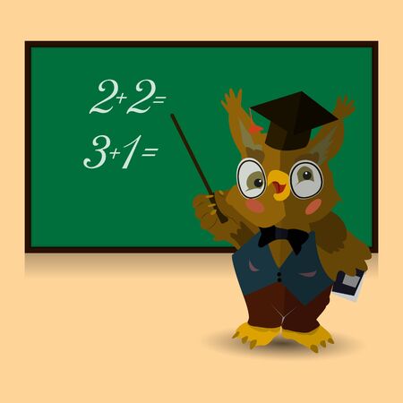 Character, Owl teacher conducts a lesson at the blackboard. Learn numbers to count. Illustration on a pink background, vectorのイラスト素材