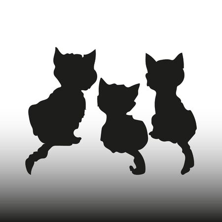 Silhouette Three black kittens, rear view, on a white background, vectorのイラスト素材