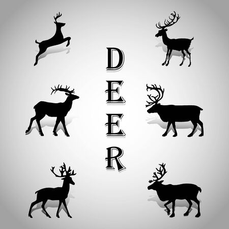 Collection of deer silhouettes, for decoration on a gray background, vectorのイラスト素材