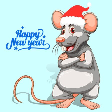Gray cartoon rat in a hat of Santa Claus, Symbol of the new 2020, on a light blue background, vectorのイラスト素材