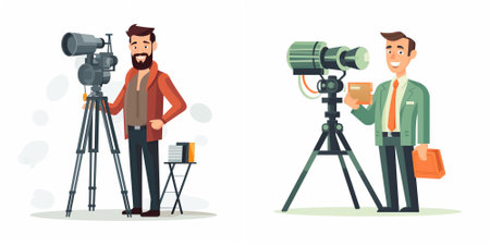 Videographer and videographer. Filmmaker with camera and tripod. Vector illustration