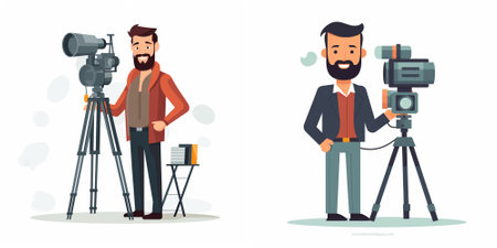 Cameraman and videographer with camera. Set of vector illustrations in cartoon style.
