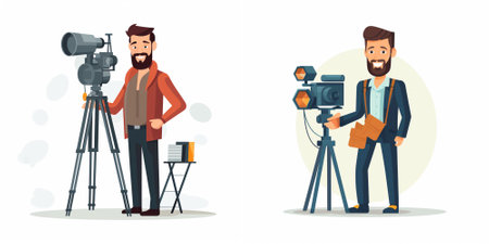 Cameraman, videographer and cameraman with professional camera. Vector illustration