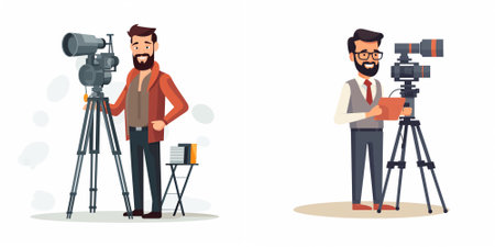 Journalist and cameraman with camera and tripod. Vector flat cartoon illustration