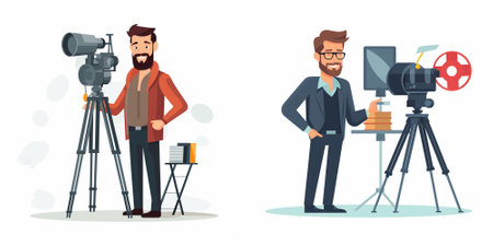 Cinema director and cameraman with camera. Vector flat cartoon illustration