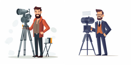Cameraman, videographer and cameraman. Cameraman with professional camera. Vector illustration in...