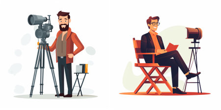 Journalist and cameraman with camera on tripod. Vector cartoon illustrationのイラスト素材