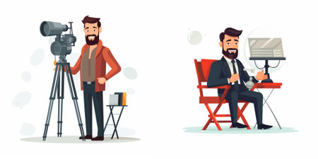 Journalist and cameraman with camera. Vector illustration in cartoon style