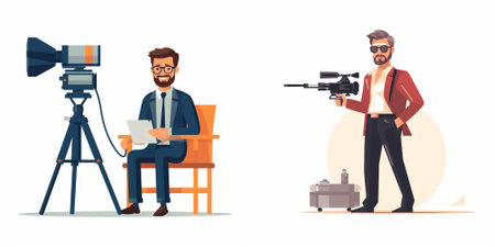 Journalist and cameraman with camera. Vector illustration in cartoon styleのイラスト素材