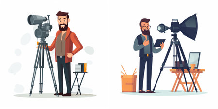 Photographer and cameraman with camera on tripod. Vector flat illustration.