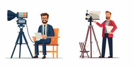 Journalist and cameraman with camera and laptop set. Cartoon vector illustration