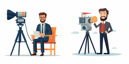 Cameraman and videographer with camera. Vector flat cartoon illustration