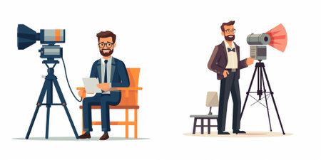 Photographer and cameraman with professional camera and laptop. Vector illustration