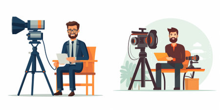 Photographer and videographer with camera and laptop. Vector illustration in cartoon style