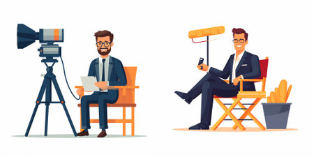 Businessman in suit and glasses sitting on chair with laptop, video camera and tripod. Vector illustration in cartoon styleのイラスト素材