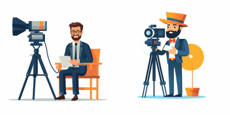 Photographer and cameraman with camera and tripod. Filmmaking and videography concept. Vector...