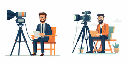 Journalist and videographer with camera and laptop. Vector illustration in cartoon style