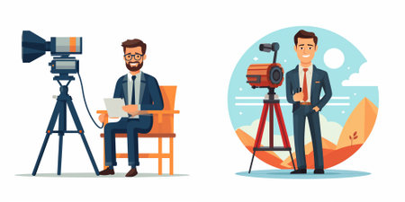 Photographer and videographer with camera and tripod. Vector illustration in flat style
